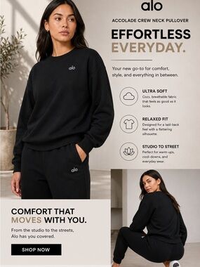 ALO Yoga Accolade Crew Neck Pullover Sweater - Black  NWOT